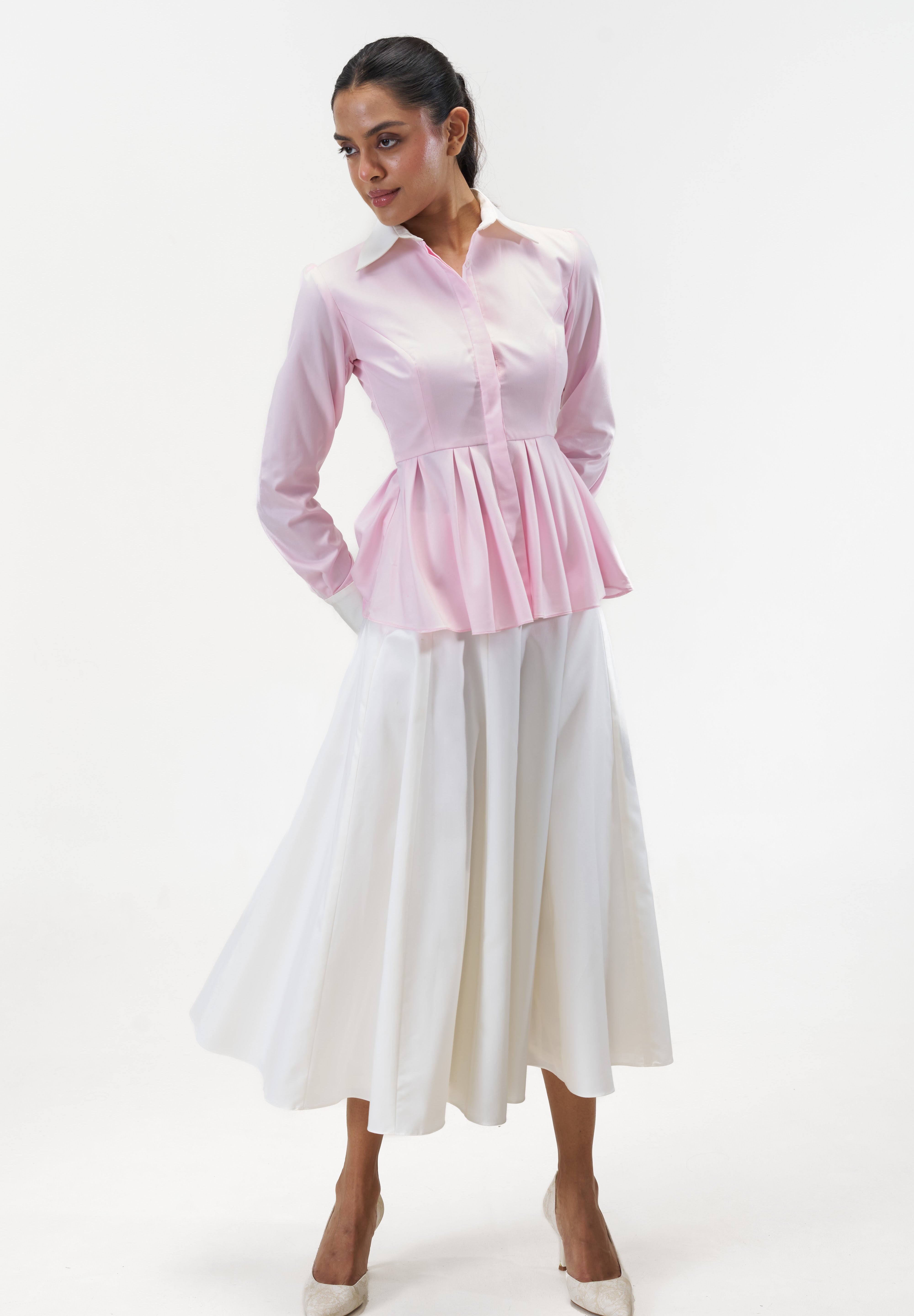 Joy White poplin parachute midi skirt by Mazikien, styled with the Remy shirt, view 5