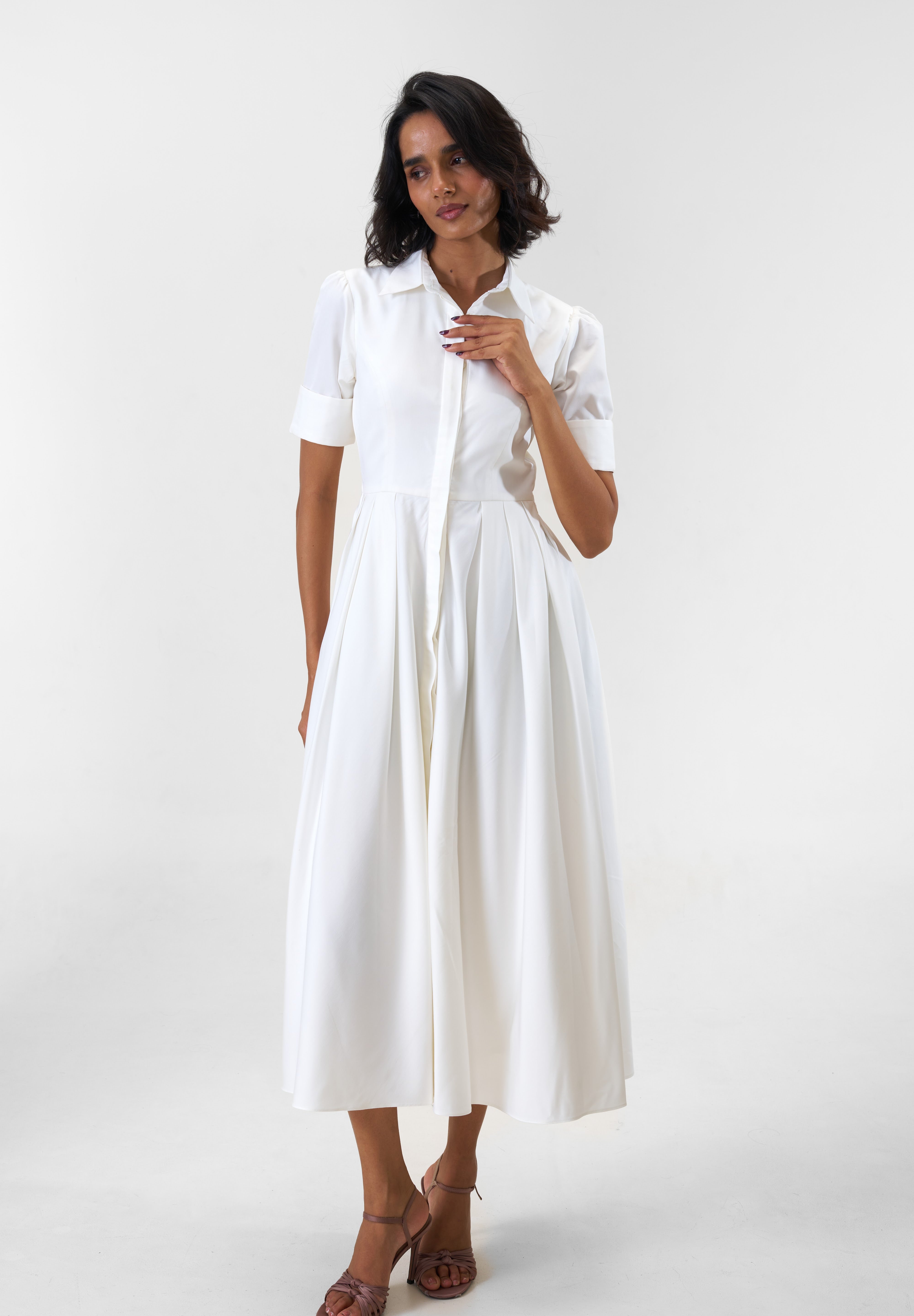 Stella White poplin midi shirt dress by Mazikien, front view
