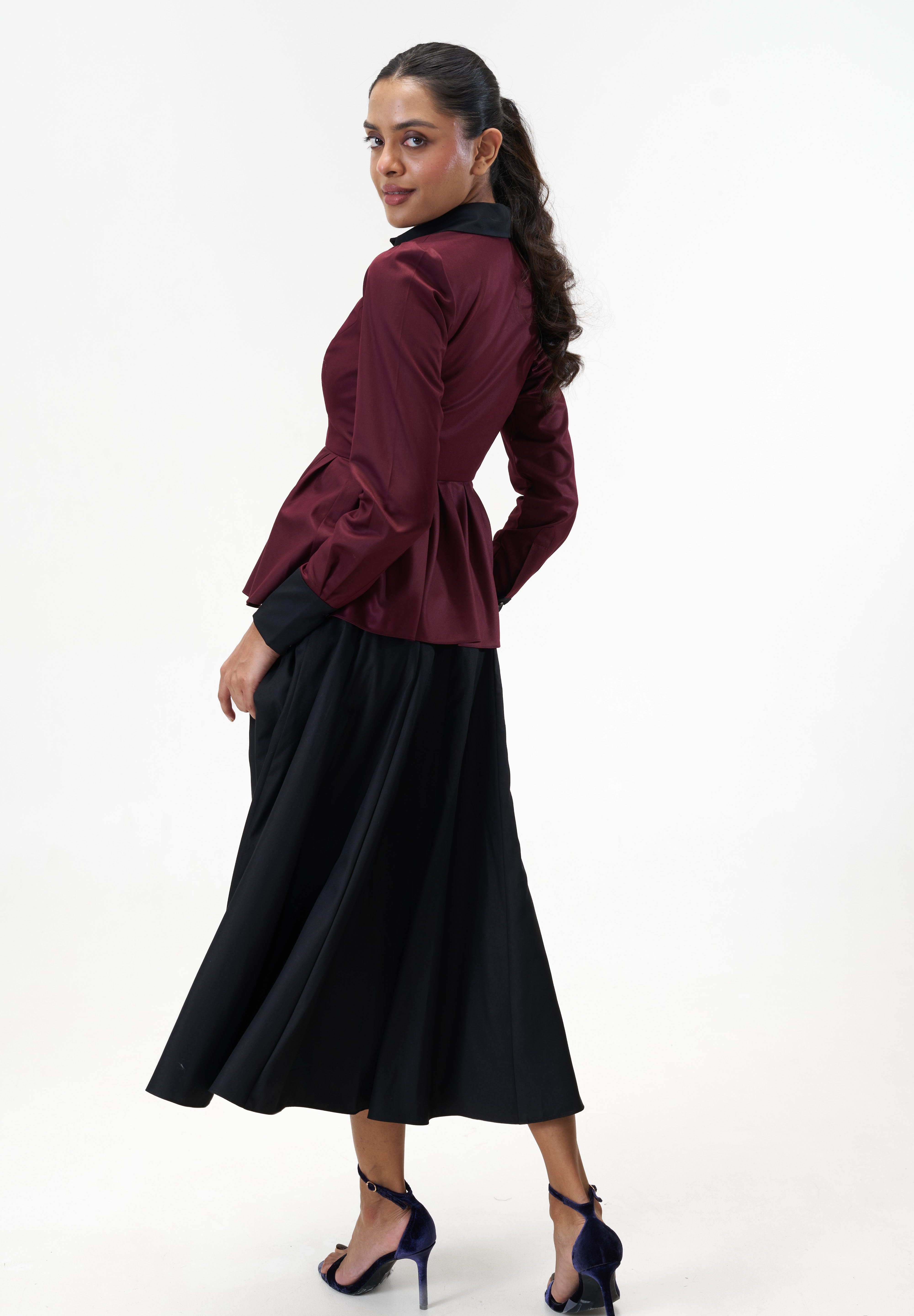 Remy Maroon peplum poplin shirt with contrast collar by Mazikien, view 11