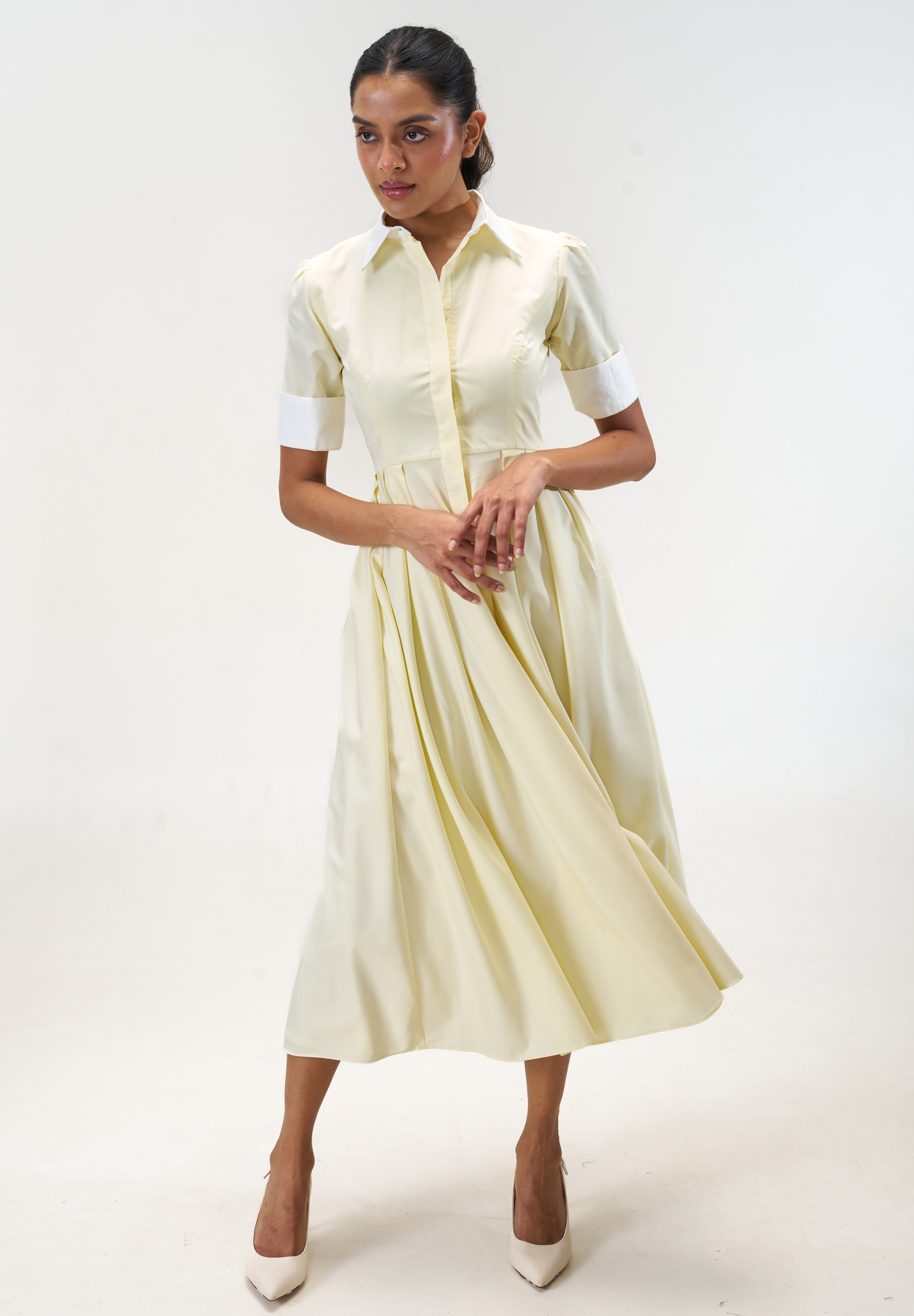 Stella Butter Yellow poplin midi shirt dress by Mazikien, view 7