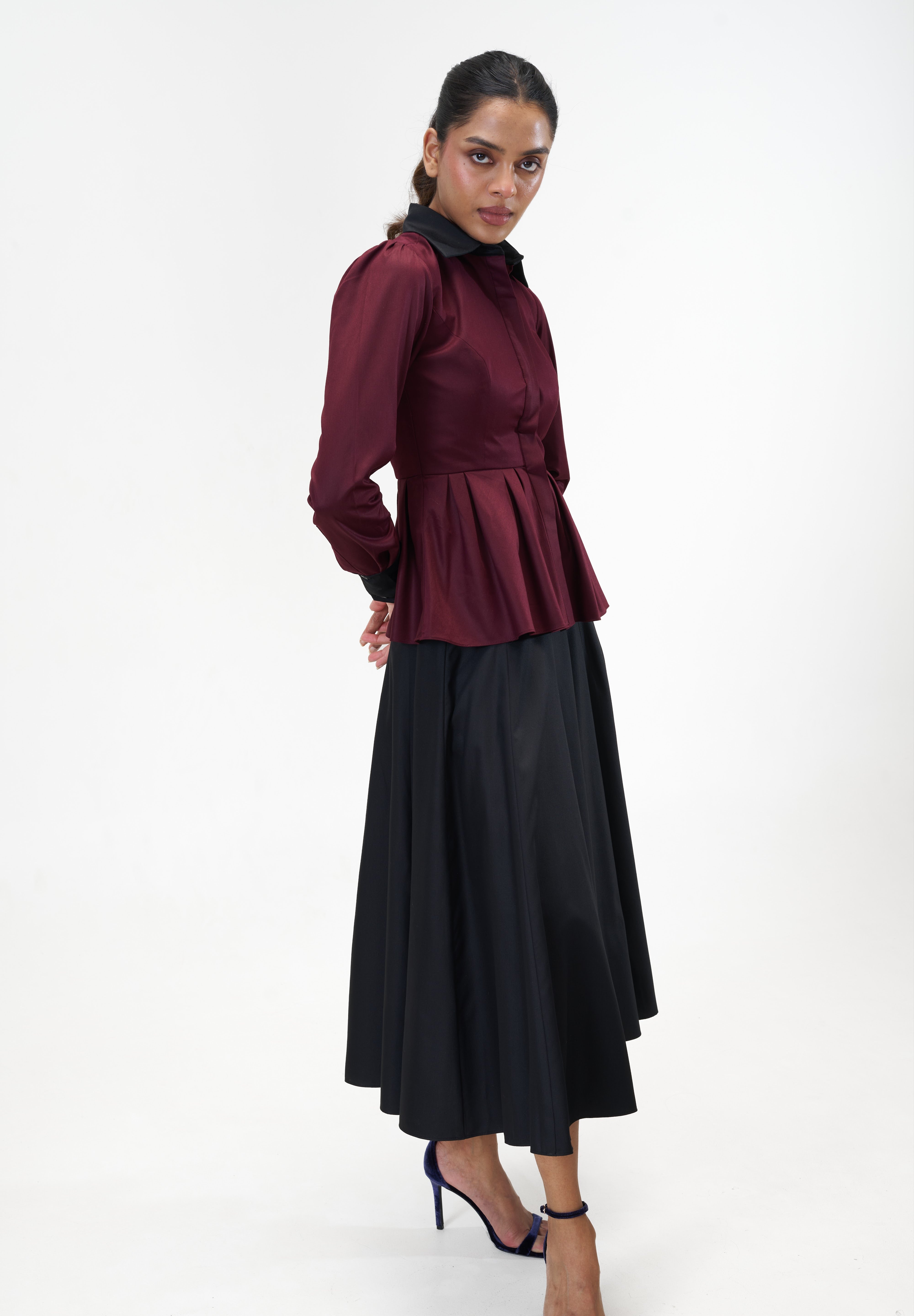 Remy Maroon peplum poplin shirt with contrast collar by Mazikien, view 7