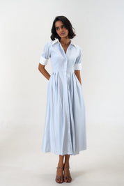 Stella Bluish Grey poplin midi shirt dress by Mazikien, front view