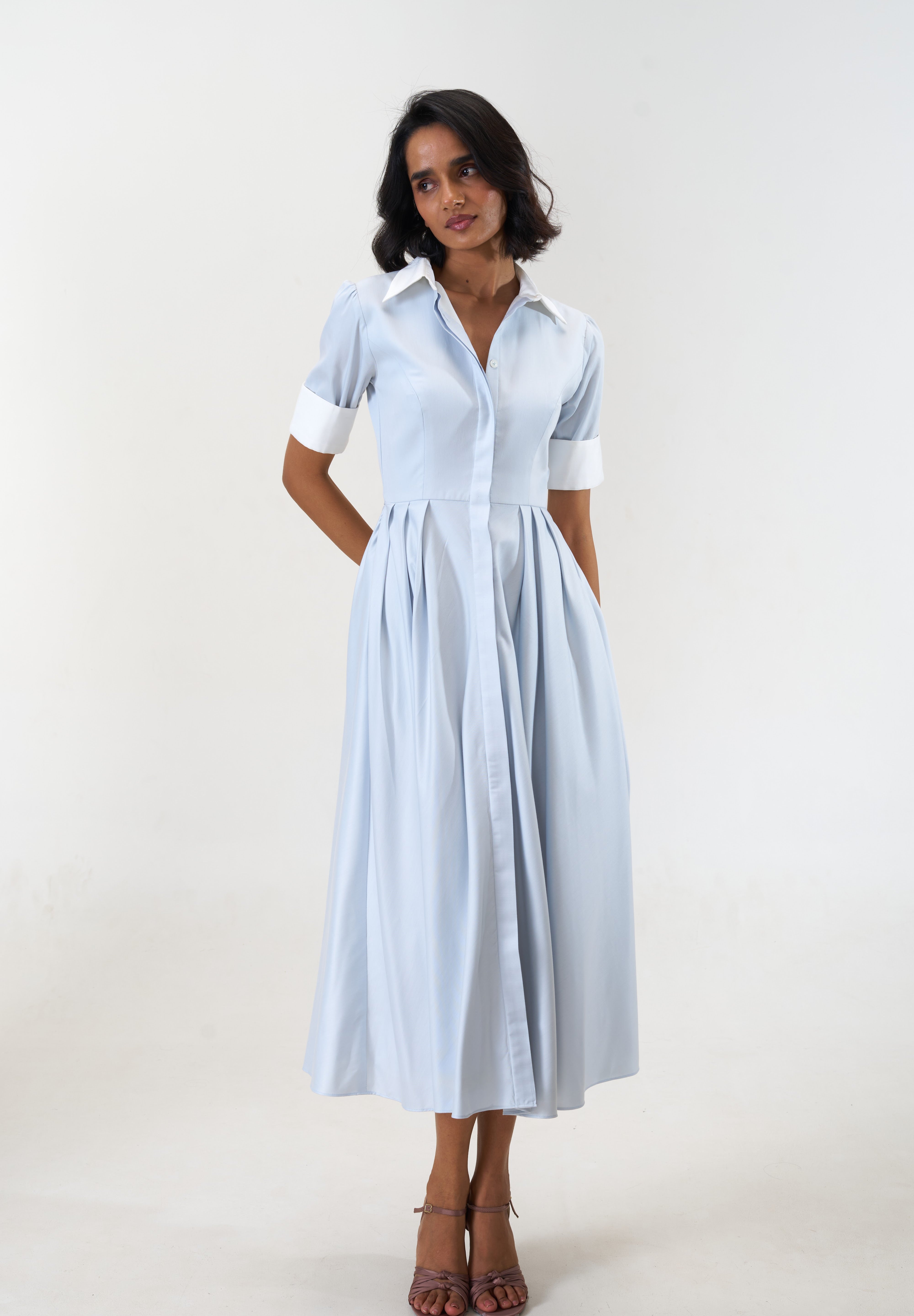 Stella Bluish Grey poplin midi shirt dress by Mazikien, front view