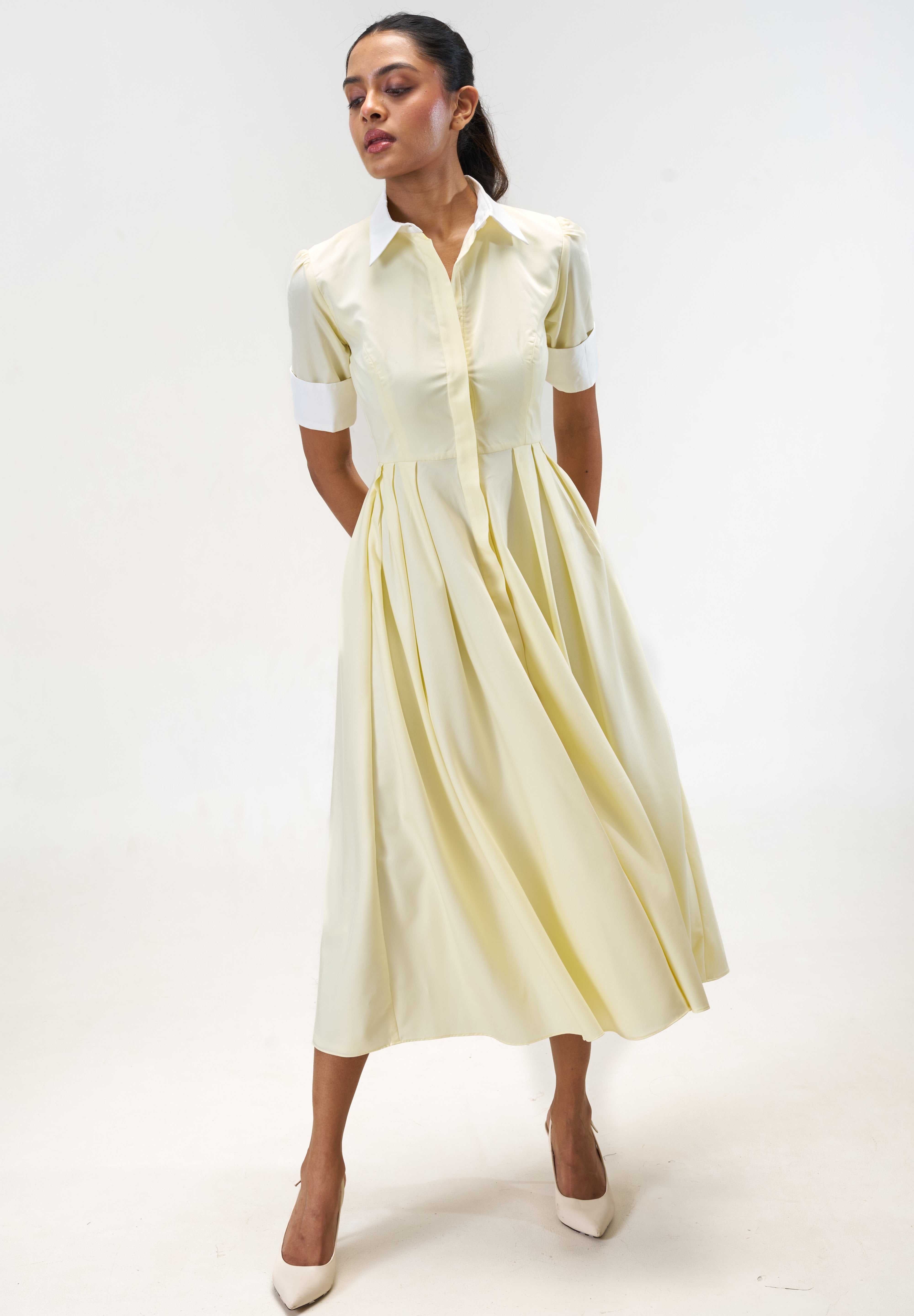 Stella Butter Yellow poplin midi shirt dress by Mazikien, view 8