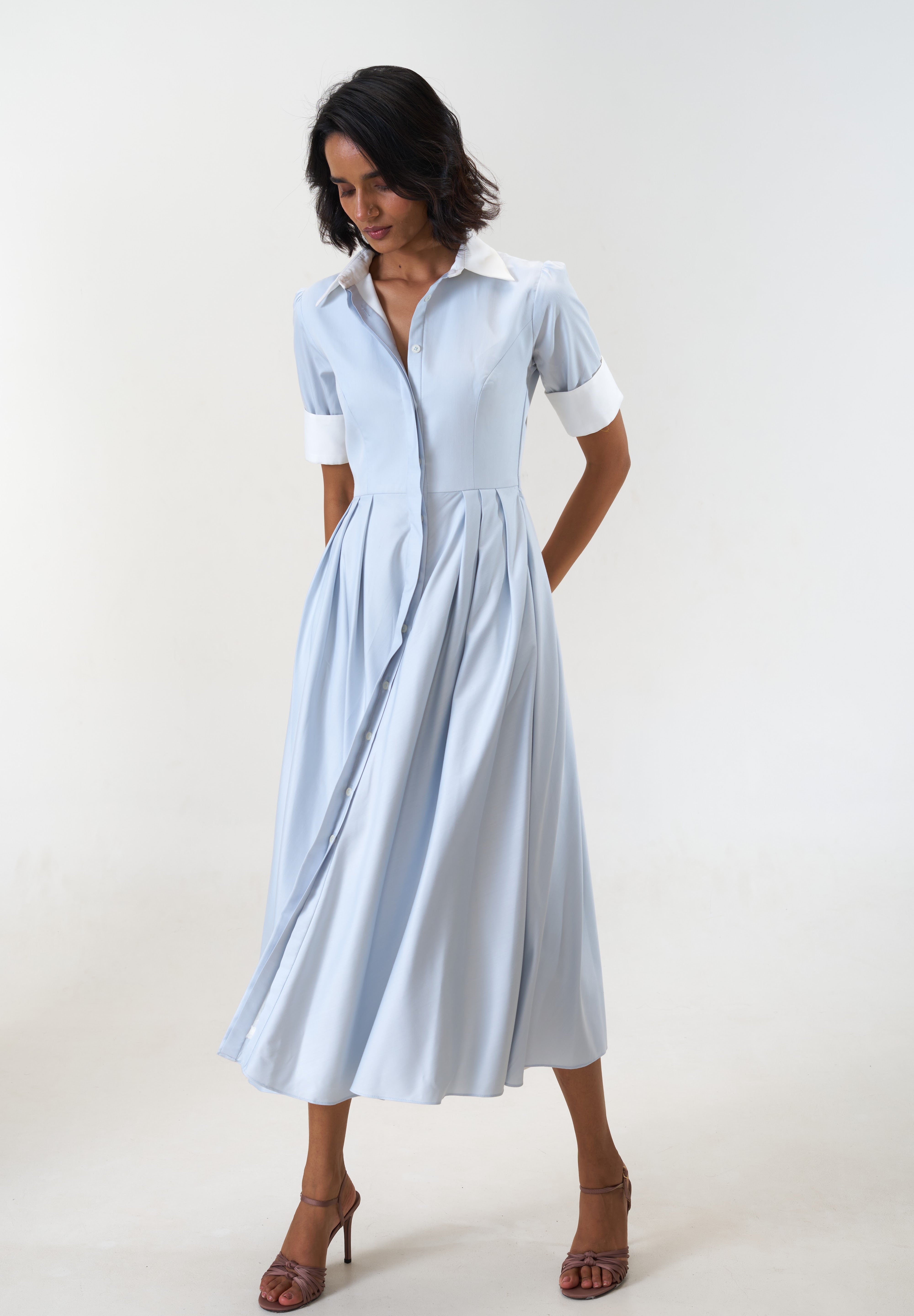 Stella Bluish Grey poplin midi shirt dress by Mazikien, view 4