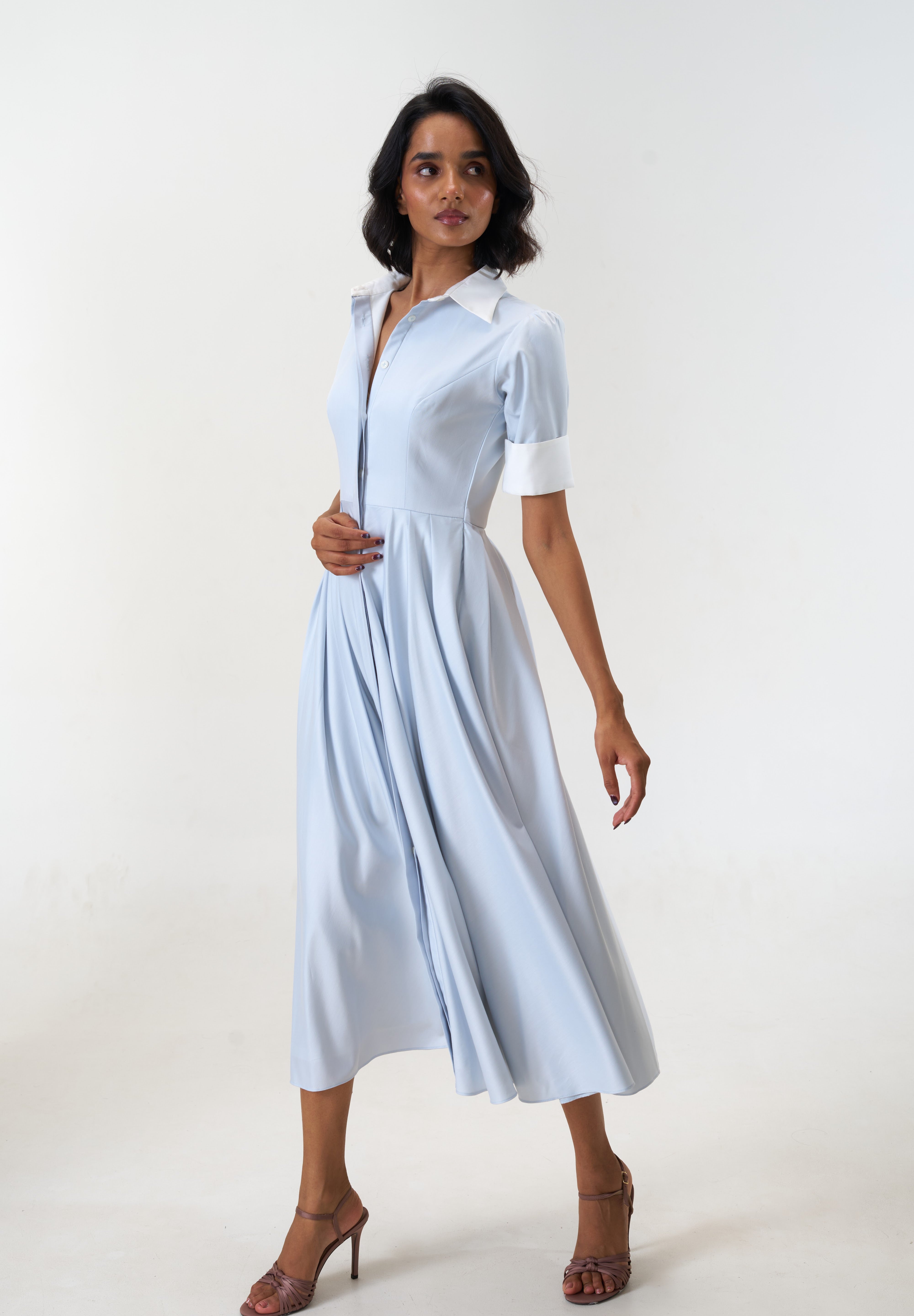 Stella Bluish Grey poplin midi shirt dress by Mazikien, view 5