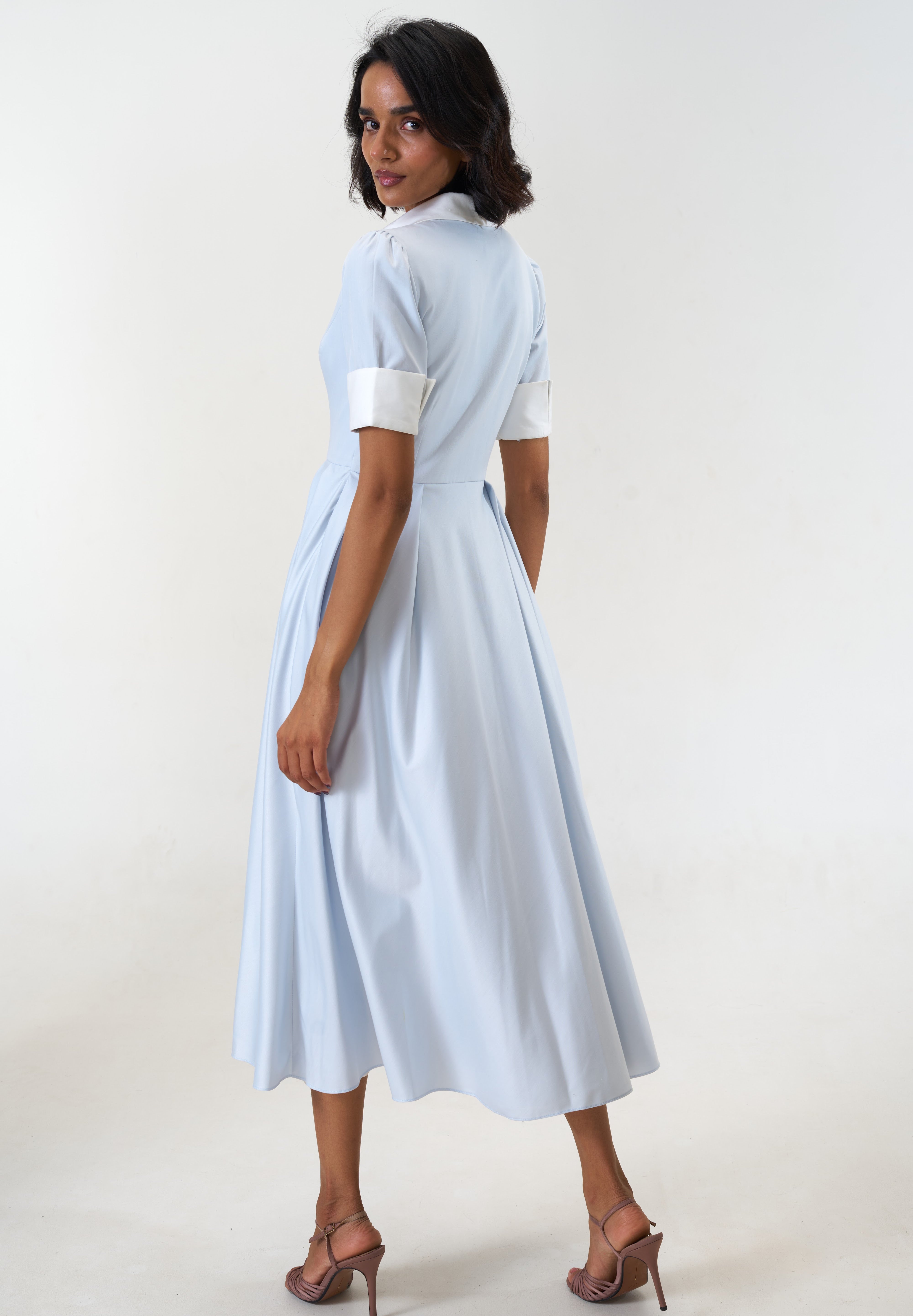 Stella Bluish Grey poplin midi shirt dress by Mazikien, view 17