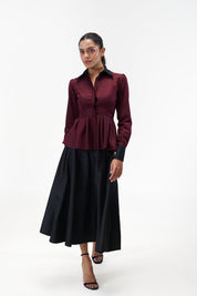 Remy Maroon peplum poplin shirt with contrast collar by Mazikien, view 2