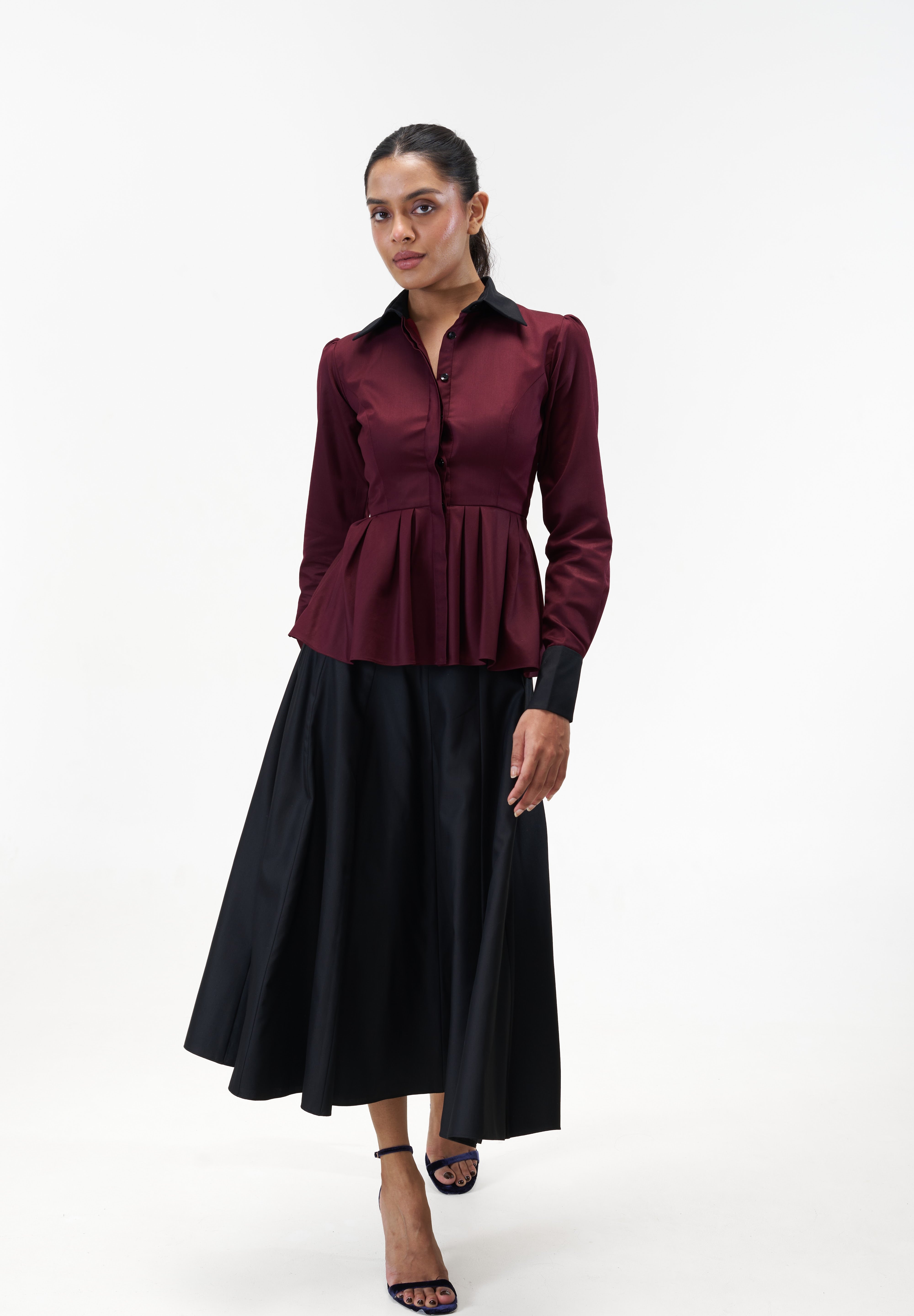 Remy Maroon peplum poplin shirt with contrast collar by Mazikien, view 2