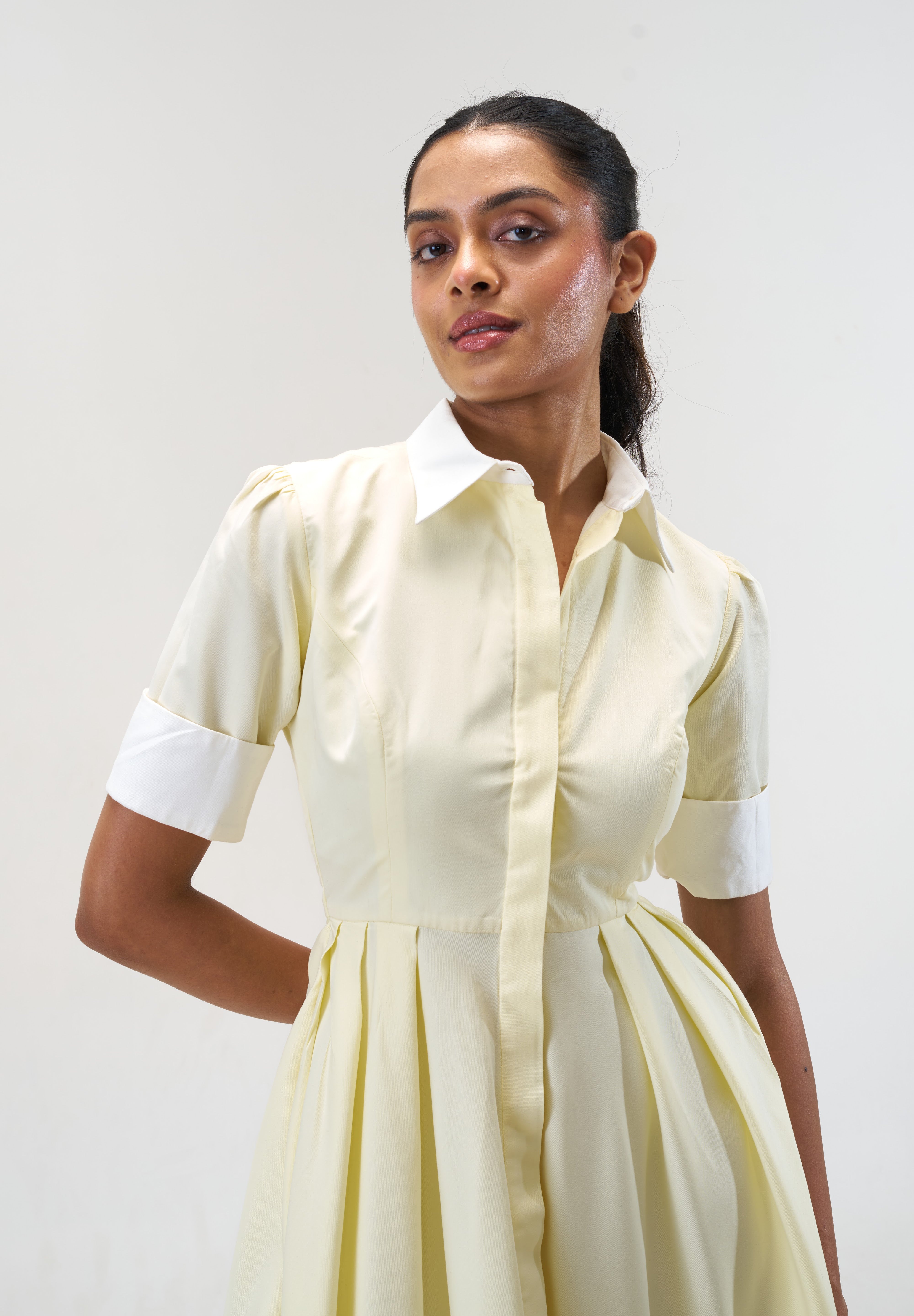 Stella Butter Yellow poplin midi shirt dress by Mazikien, view 3