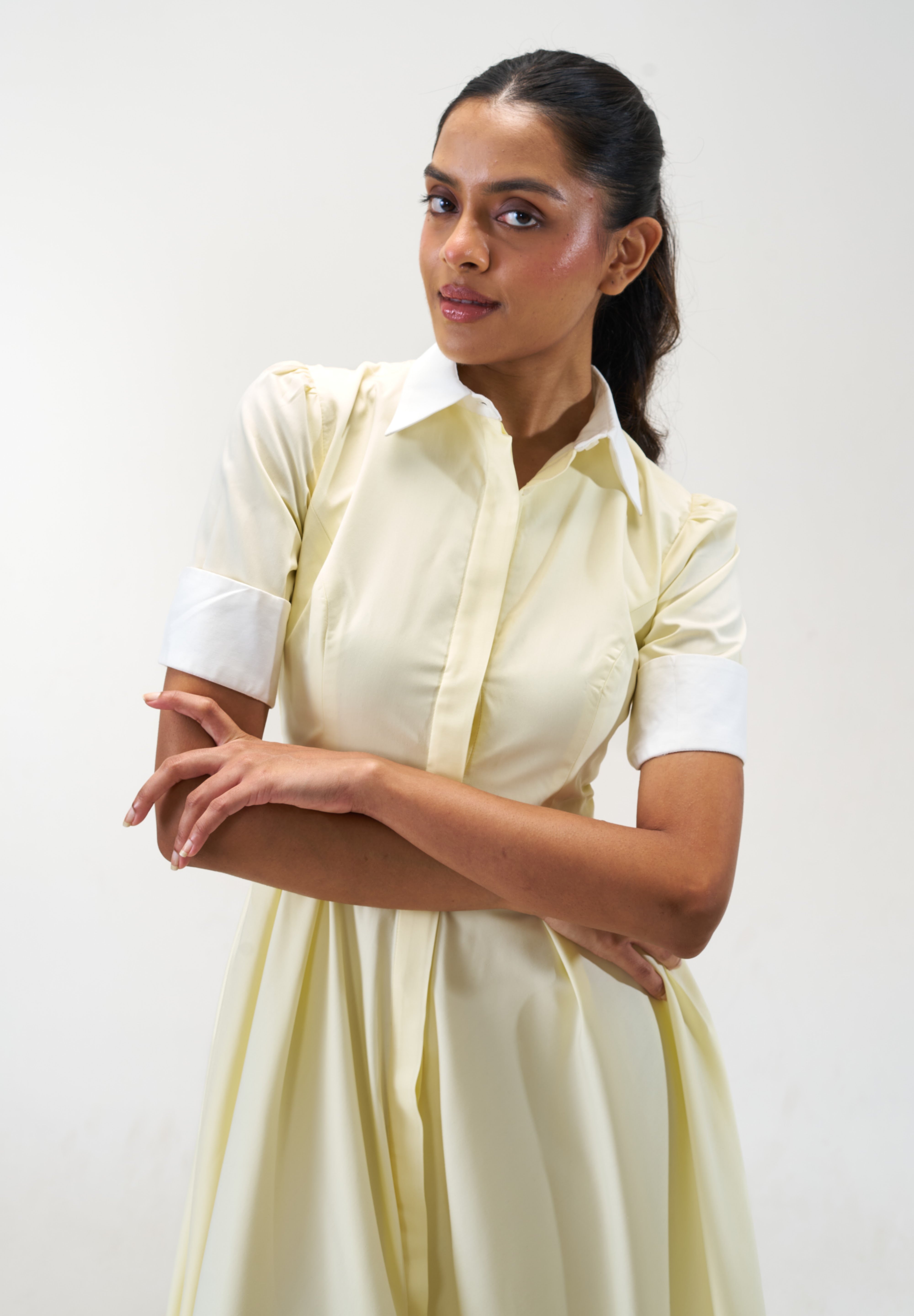 Stella Butter Yellow poplin midi shirt dress by Mazikien, view 4