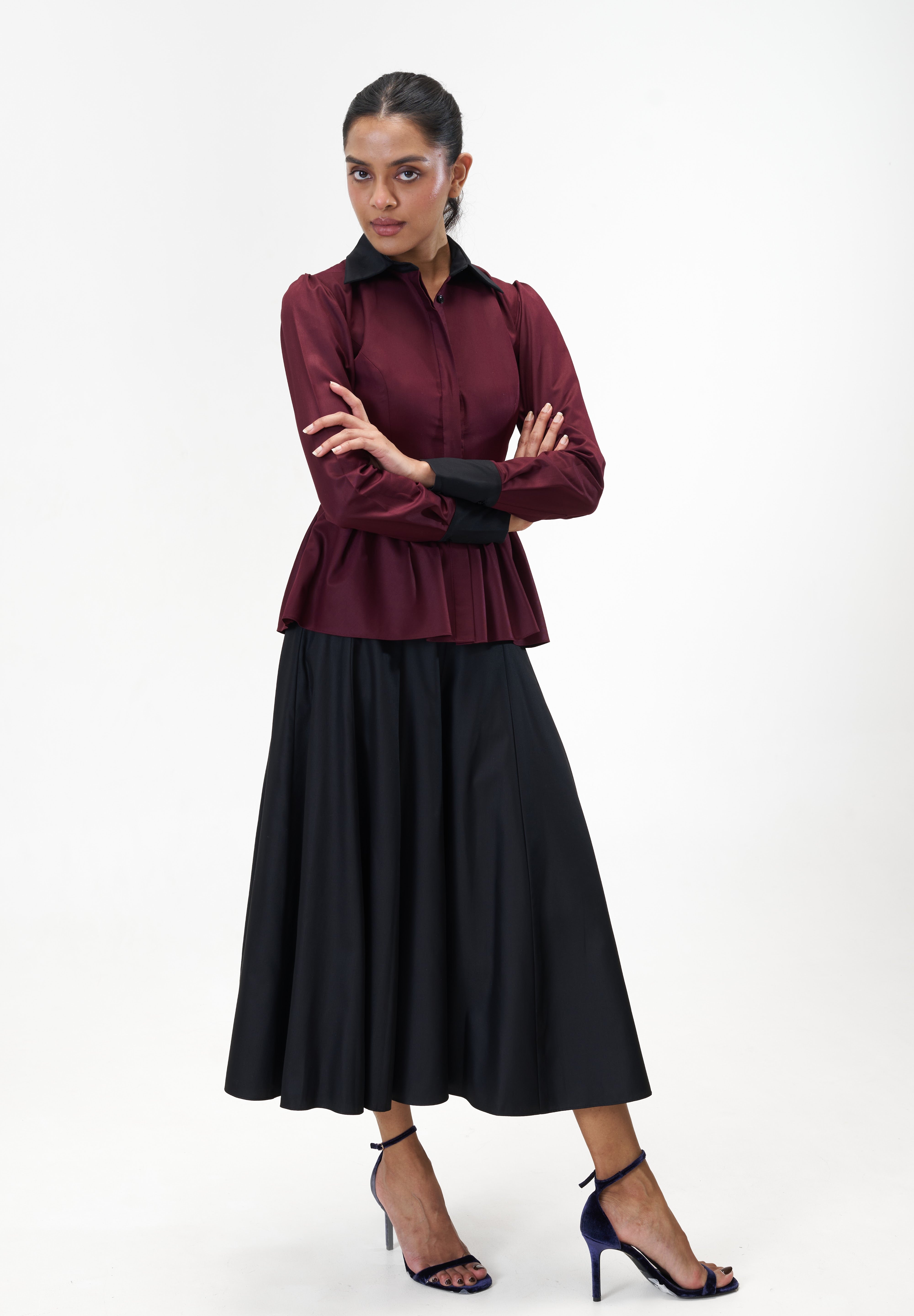 Remy Maroon peplum poplin shirt with contrast collar by Mazikien, view 9