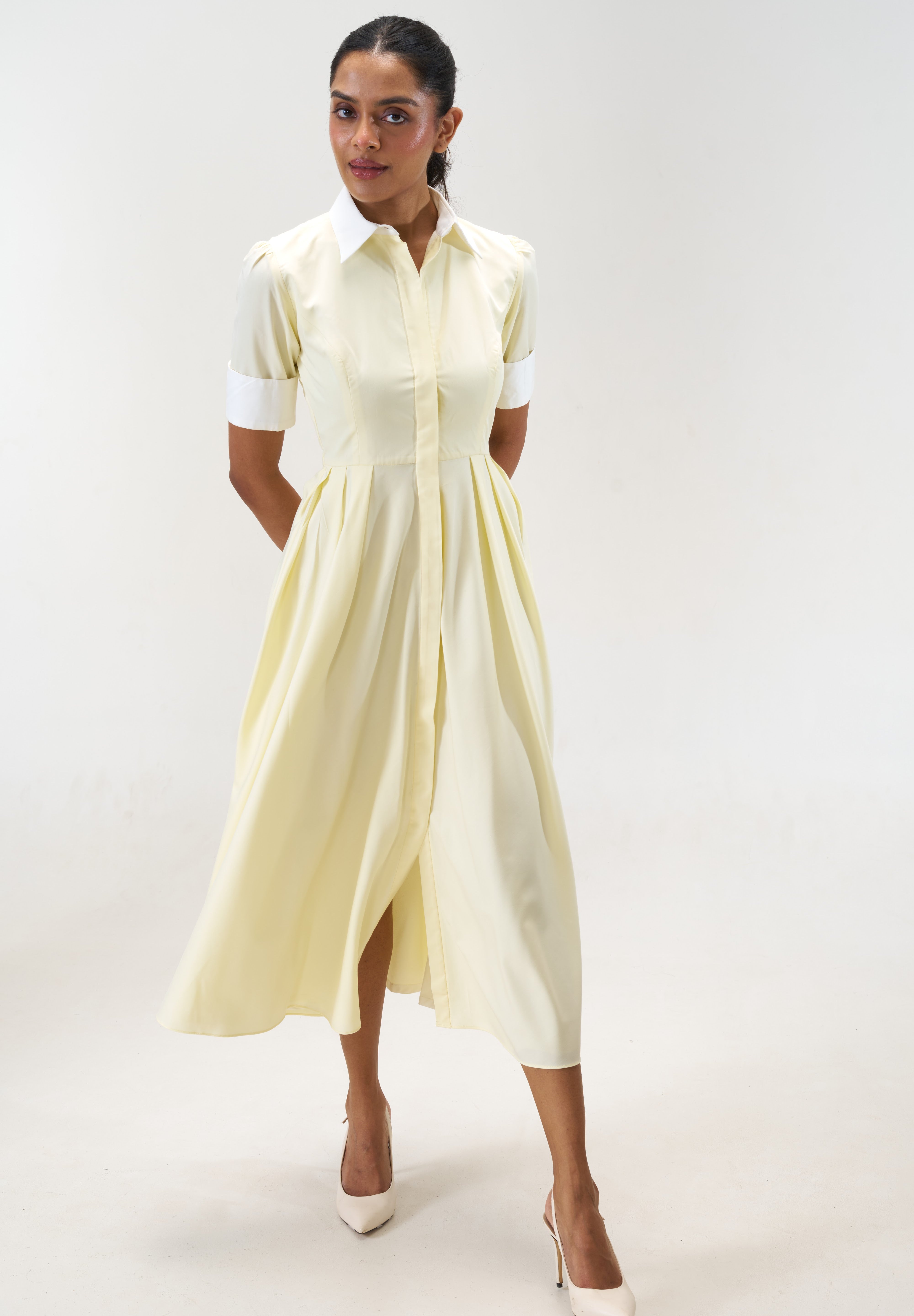 Stella Butter Yellow poplin midi shirt dress by Mazikien, view 2