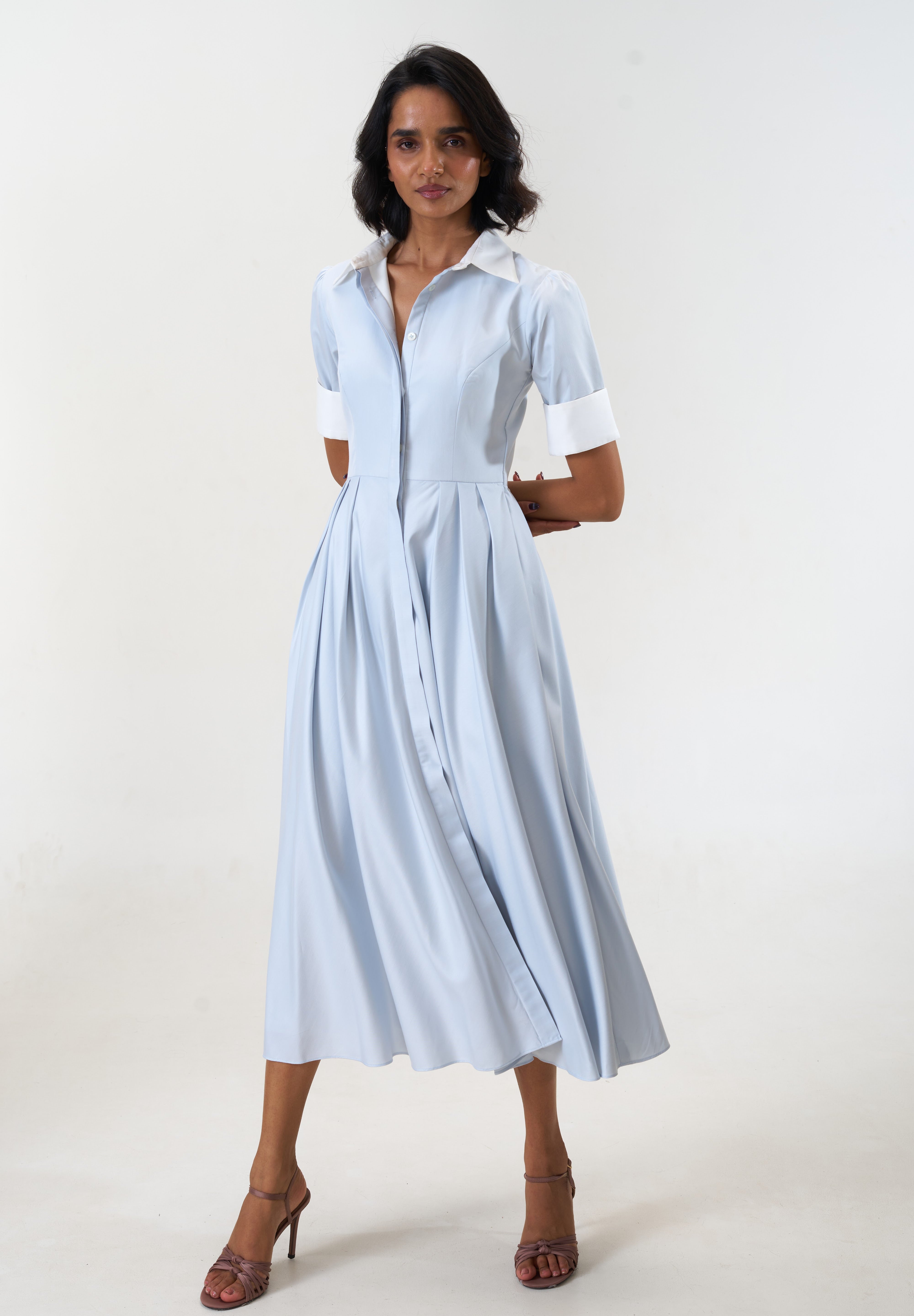 Stella Bluish Grey poplin midi shirt dress by Mazikien, view 3