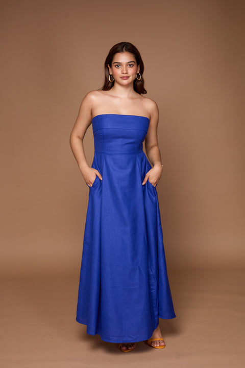 Iris Blue strapless a-line maxi gown by Mazikien, front view