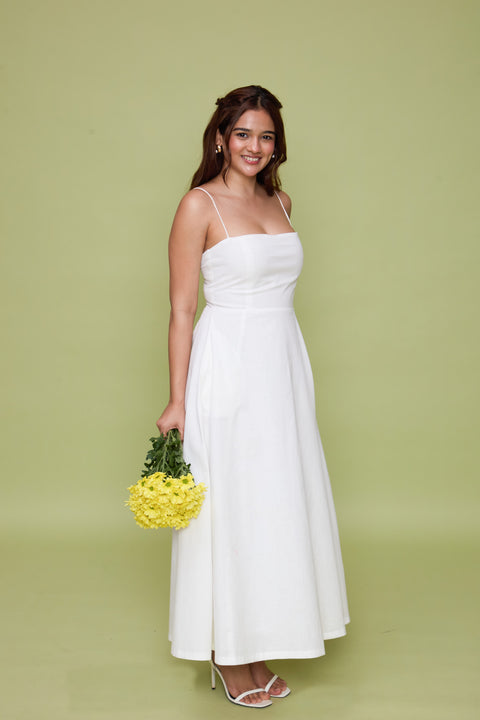 Polly White square neck fit-and-flare midi dress by Mazikien, front view