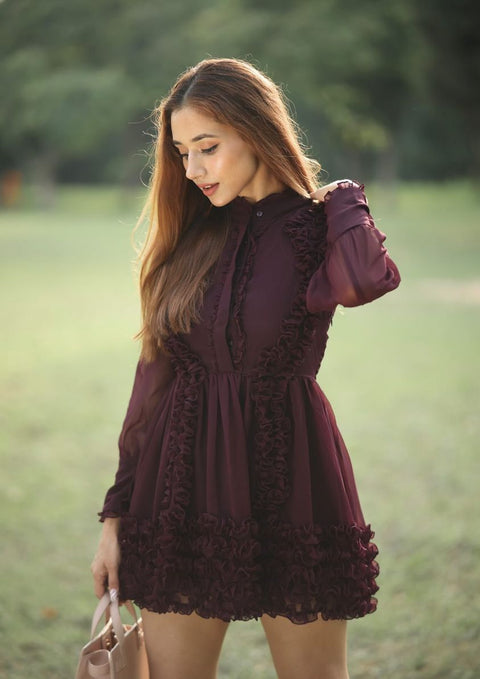 Elena Purple ruffled fit-and-flare mini dress by Mazikien, front view