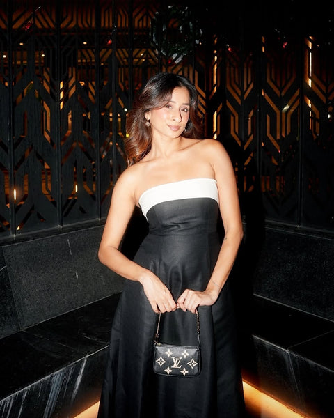 Avery Black strapless color-blocked dress by Mazikien, front view