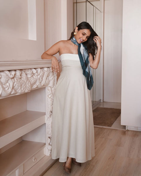 Avery Beige strapless color-blocked dress by Mazikien, front view