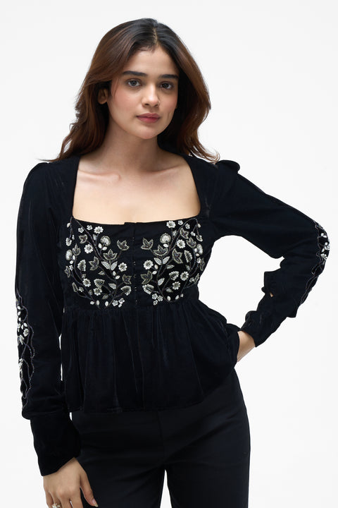 Bardot Black embroidered velvet peplum top by Mazikien, front view