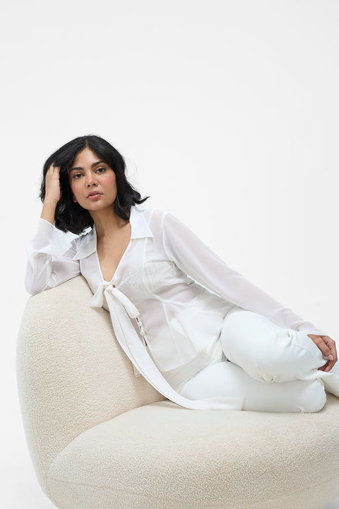Sophia White sheer georgette tie-front blouse by Mazikien, front view