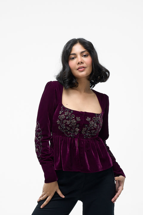 Bardot Wine embroidered velvet peplum top by Mazikien, front view