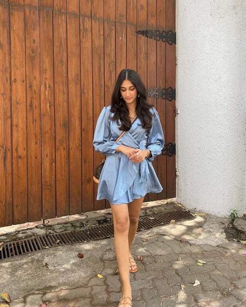 Mellisa Greyish Blue wrap-around dress by Mazikien, front view