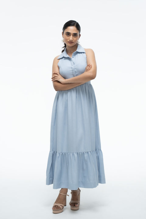 Clyde Dusty Blue sleeveless tiered midi shirtdress by Mazikien, front view