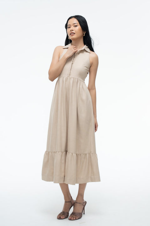 Clyde Beige sleeveless tiered midi shirtdress by Mazikien, front view