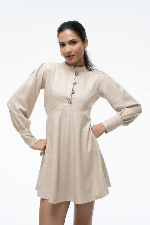 Jade Beige a-line fit-and-flare mini dress by Mazikien, front view