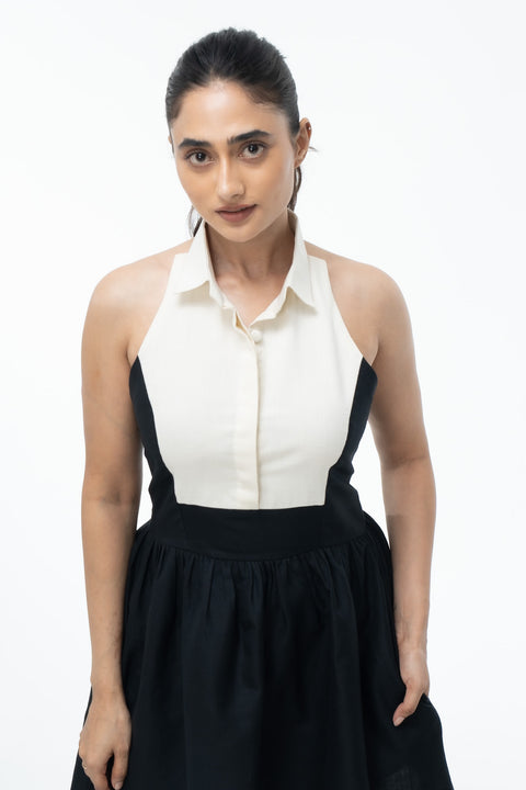Mia Black color-blocked fit-and-flare mini dress by Mazikien, front view