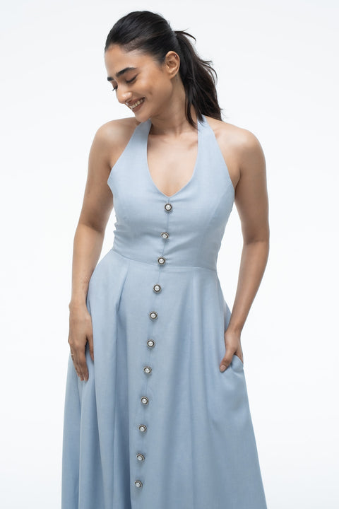 Aston Blue halter neck button-front maxi dress by Mazikien, front view