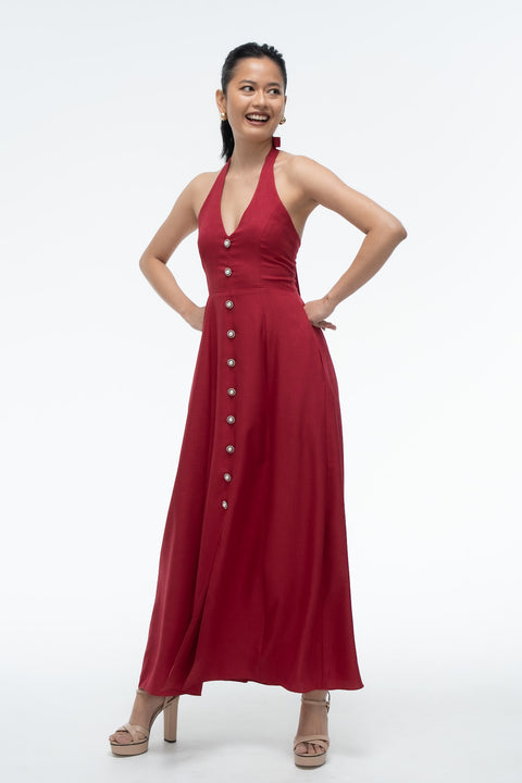 Aston Maroon halter neck button-front maxi dress by Mazikien, front view
