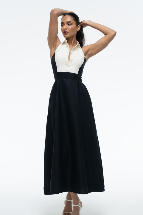 Milana Black collared halter-neck maxi dress by Mazikien, front view