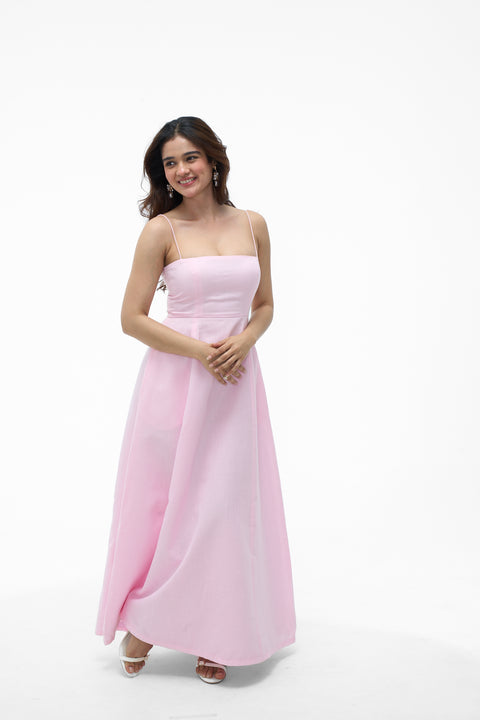 Polly Baby Pink square neck fit-and-flare midi dress by Mazikien, front view