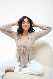 Sophia- Hand Embroidered Nude Shirt