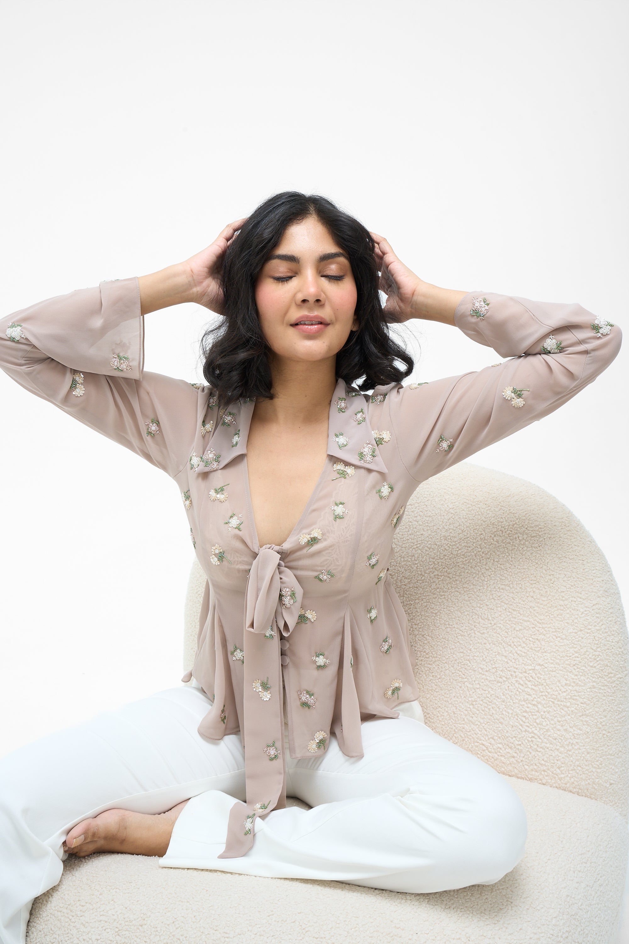 Sophia- Hand Embroidered Nude Shirt