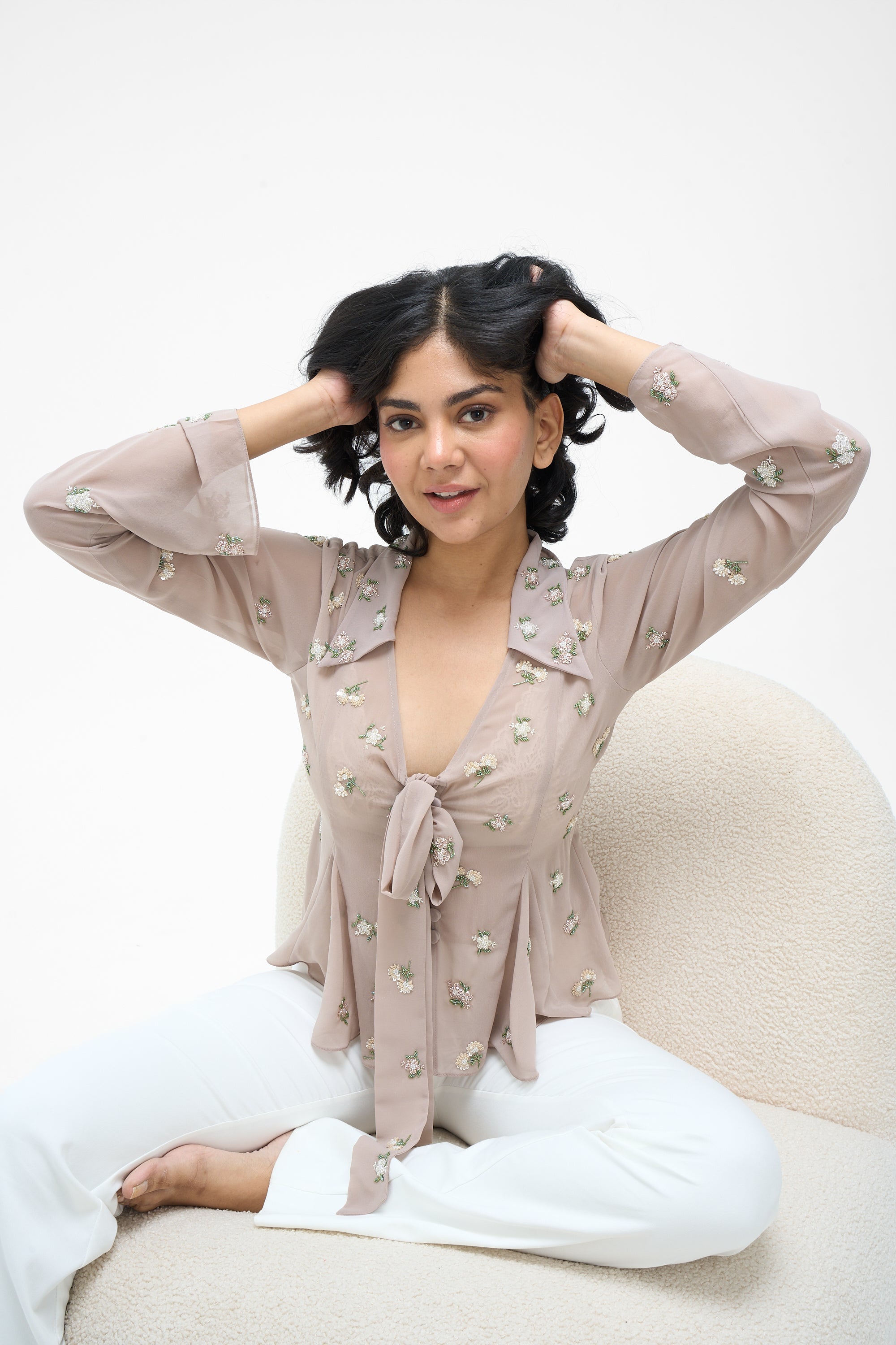 Sophia- Hand Embroidered Nude Shirt