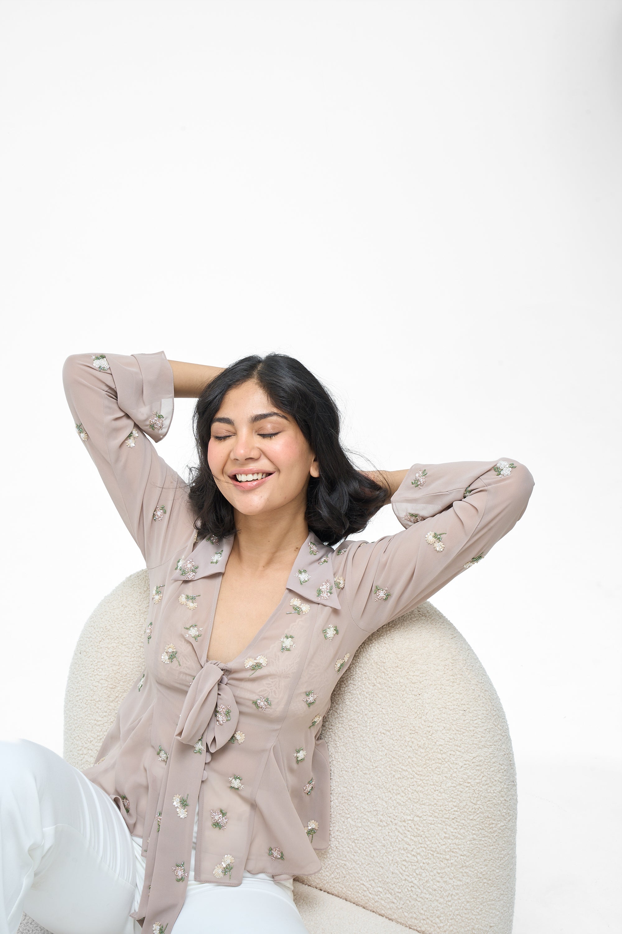 Sophia- Hand Embroidered Nude Shirt