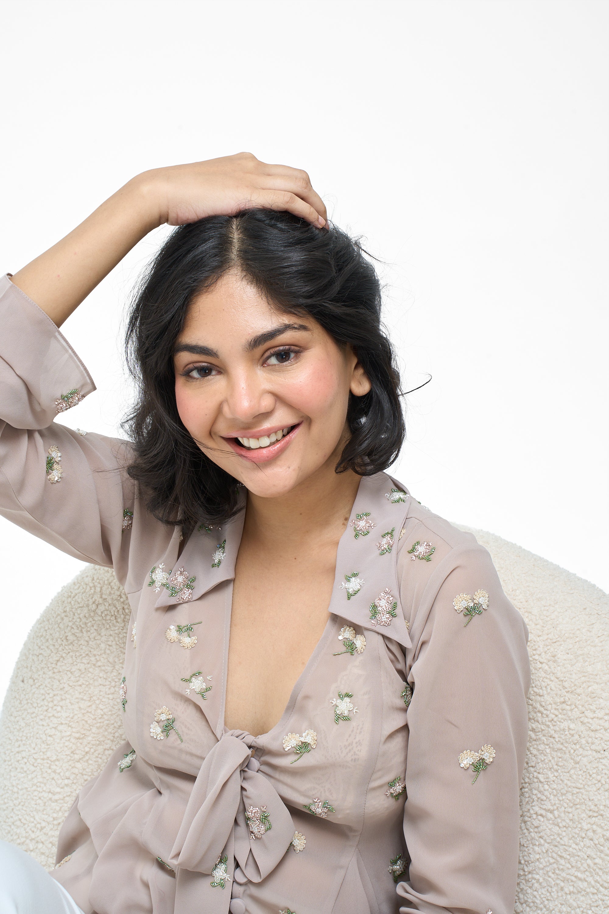 Sophia- Hand Embroidered Nude Shirt