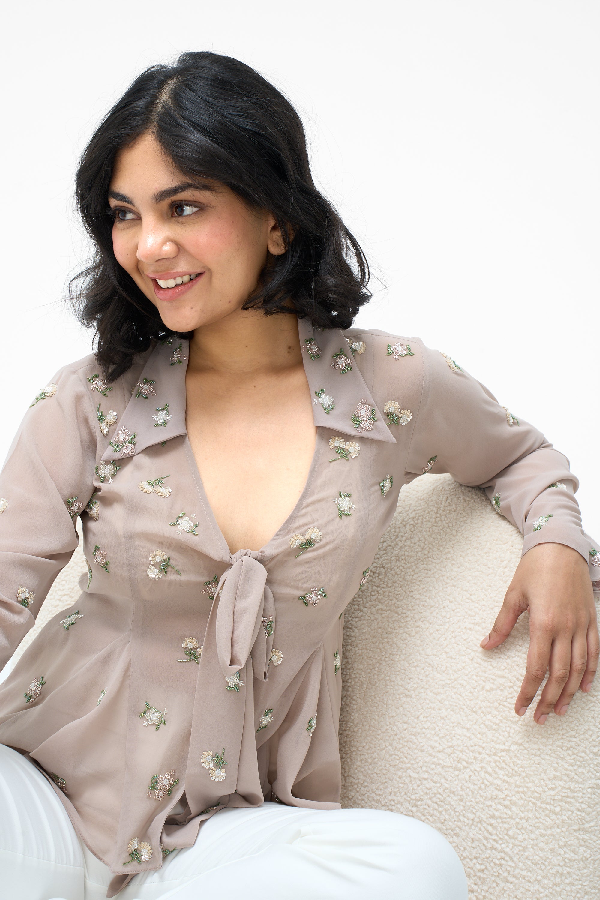Sophia- Hand Embroidered Nude Shirt