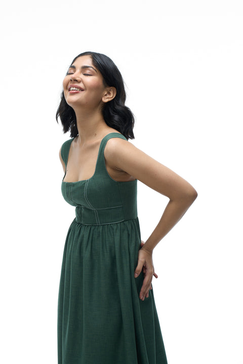 Donna Green square neck denim midi dress by Mazikien, front view