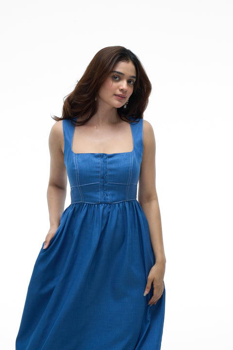 Donna Blue square neck denim midi dress by Mazikien, front view