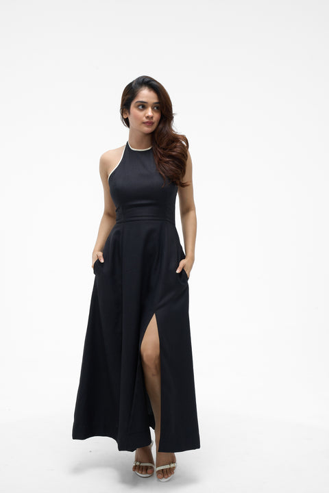Siena Black & White contrast trim halter midi dress by Mazikien, front view