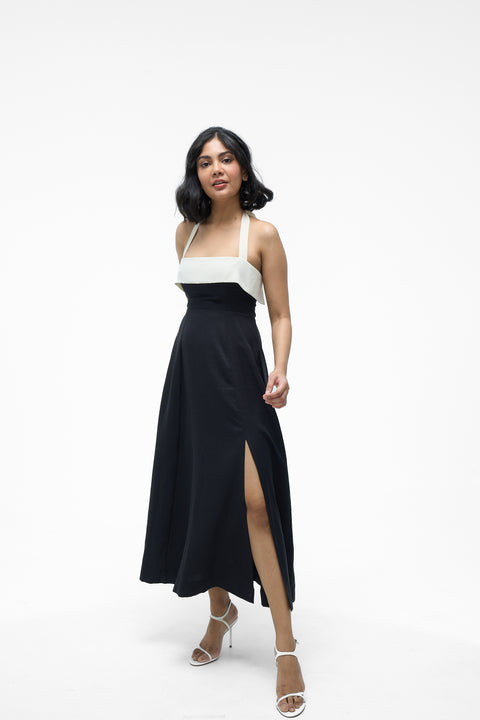 Juno Black & White contrast bib halter midi dress by Mazikien, front view