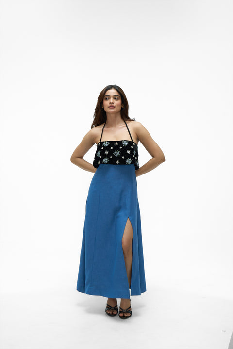 Diana Blue & Black color-blocked embroidered halter maxi dress by Mazikien, front view