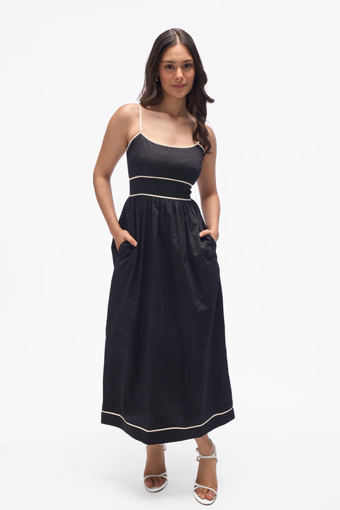 Cooper Black with White Polka Dots spaghetti-strap waistband maxi dress by Mazikien, front view