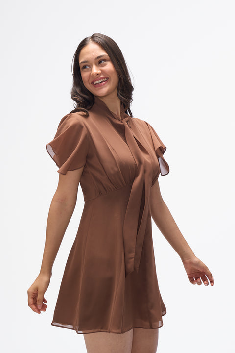Carter Mocha Brown pussy-bow flutter-sleeve fit-and-flare mini dress by Mazikien, front view