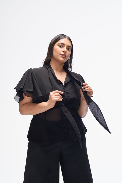 Melrose Black pussy-bow flutter-sleeve peplum blouse by Mazikien, front view