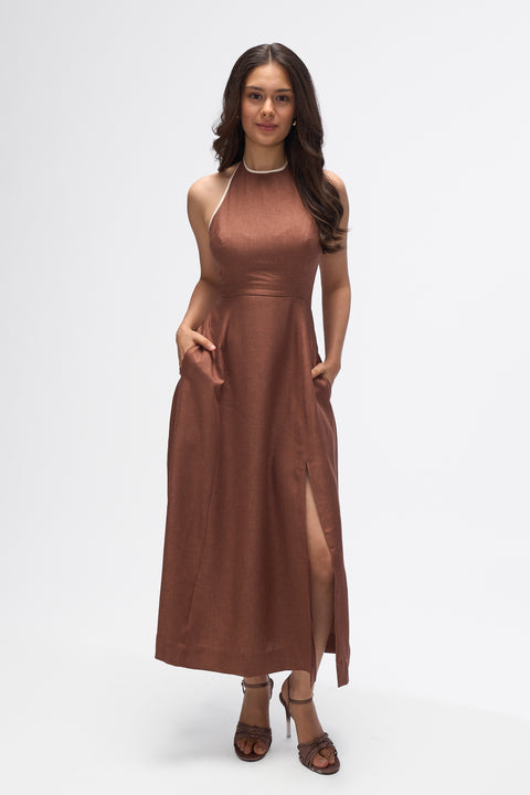 Siena Mocha Brown & White contrast trim halter midi dress by Mazikien, front view